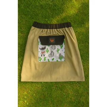 Vigyázz, kész, Nyuszi! (khaki zöld, mintás, gumis derekú pamut férfi szoknya zsebbel)