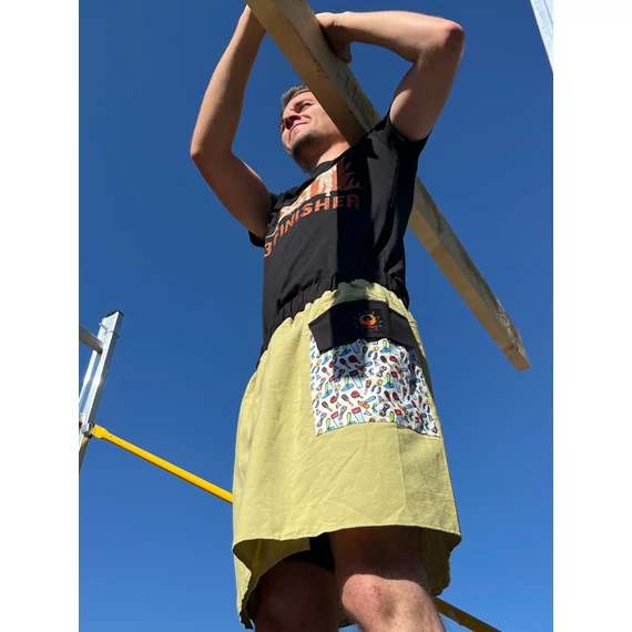 EzerMester (khaki zöld, mintás, gumis derekú pamut férfi szoknya zsebbel)