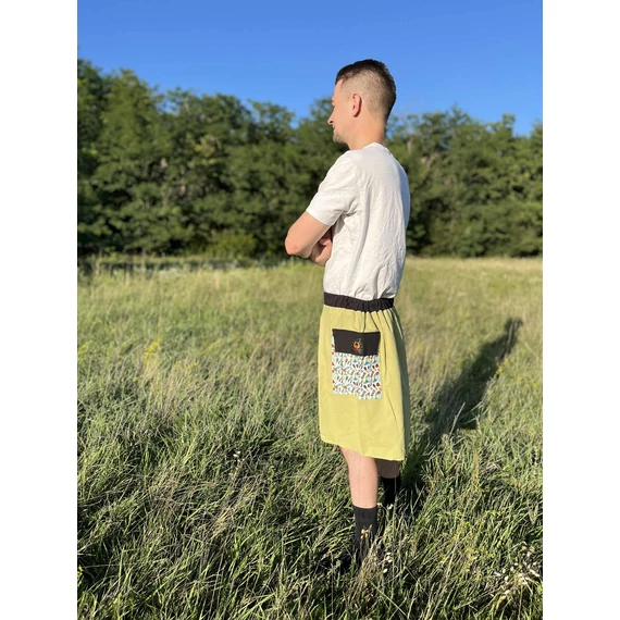 EzerMester (khaki zöld, mintás, gumis derekú pamut férfi szoknya zsebbel)