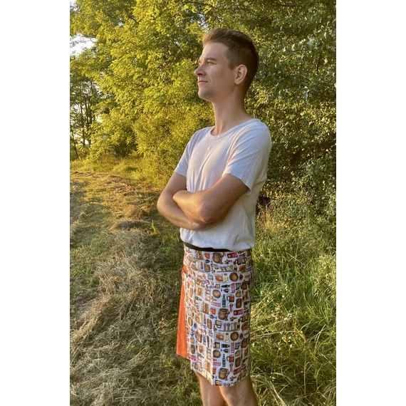 Fogd meg a söröm - MrWhiteBlack! (sörös fehér mintás, narancs színű fekete megkötős pamut férfi szoknya)