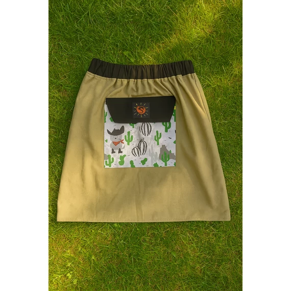 Vigyázz, kész, Nyuszi! (khaki zöld, mintás, gumis derekú pamut férfi szoknya zsebbel)